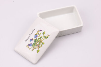 Jolie boite avec couvercle en porcelaine avec un motif de campanule, une belle fleur violette. 