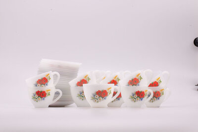 Set de Tasses à café et sous-tasses vintage en verre blanc d'Arcopal de la collection Fleurs de France