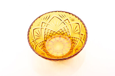 Bol vintage années 60 en verre ciselé jaune ambre en parfait état. 
