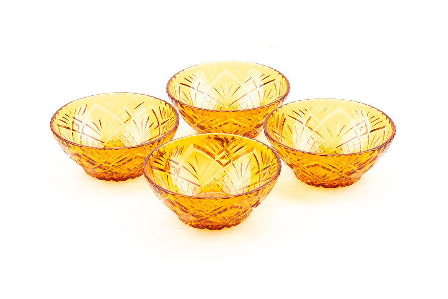 Bol vintage années 60 en verre ciselé jaune ambre en parfait état. 