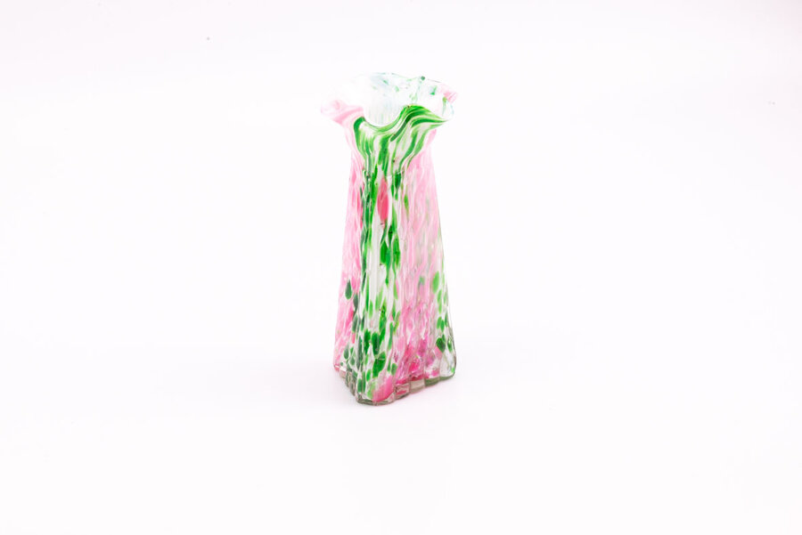 Vase en verre soufflé vintage et allongé rose et vert de chez Clichy Legras 