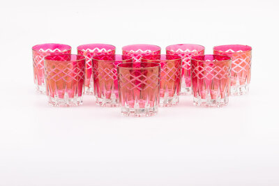 10 verres à apéritif en verre rose et transparent