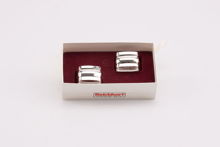 2 ronds de serviette vintage en metal argenté dans leur emballage d'origine de chez Reichhart Geschenk