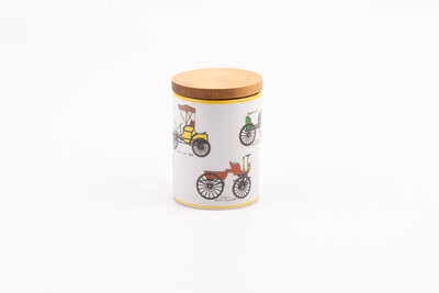 Bocal vintage avec couvercle en bois avec des motifs de vieilles voiture de chez J.K. Carlsbad