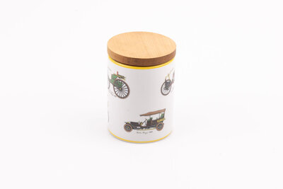 Bocal vintage avec couvercle en bois avec des motifs de vieilles voiture de chez J.K. Carlsbad