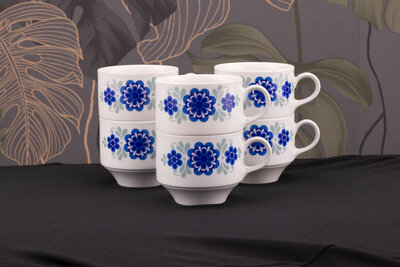 6 tasses à café vintage en porcelaine blanche avec un motif floral bleu de chez Mitterteich