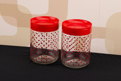 2 bocaux vintage Cerve en verre transparent avec des pois rouges et un couvercle en plastique rouge 