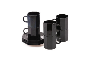 6 tasses et soucoupes noires octogonales 