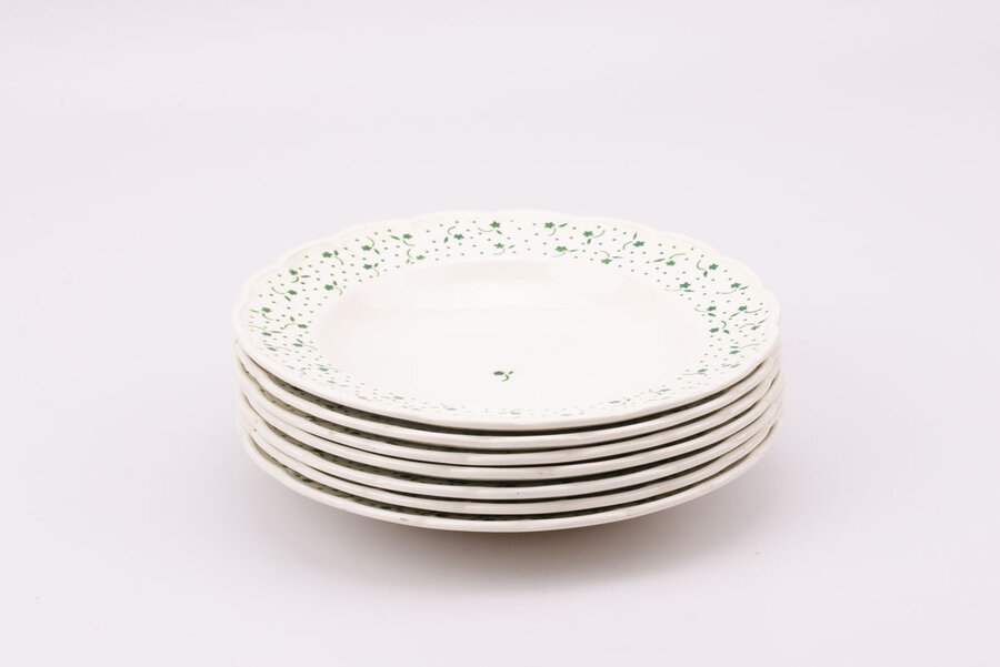 7 assiettes creuses Boch Frères La Louvière Belgique de la collection Flora. Bordure motif floral vert