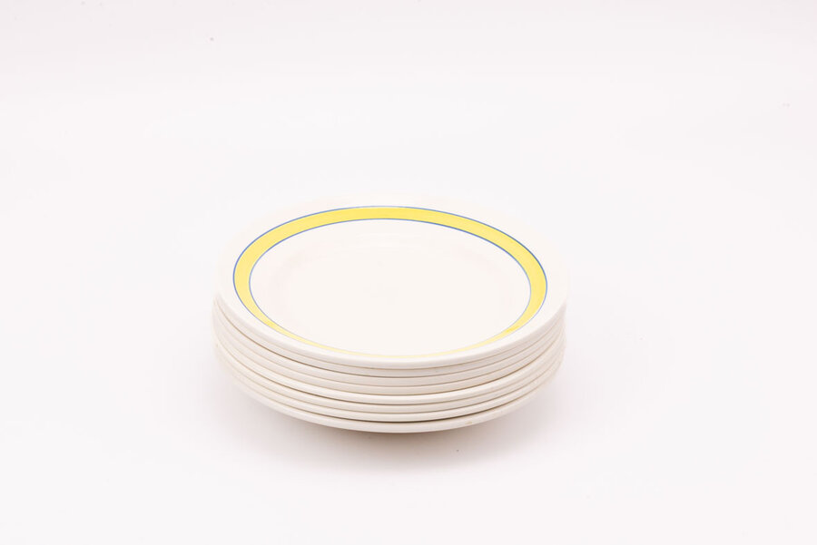 4 assiettes plates + 4 assiettes creuses de la manufacture française Société Faïence et Céramique S.E Bordure jaune
