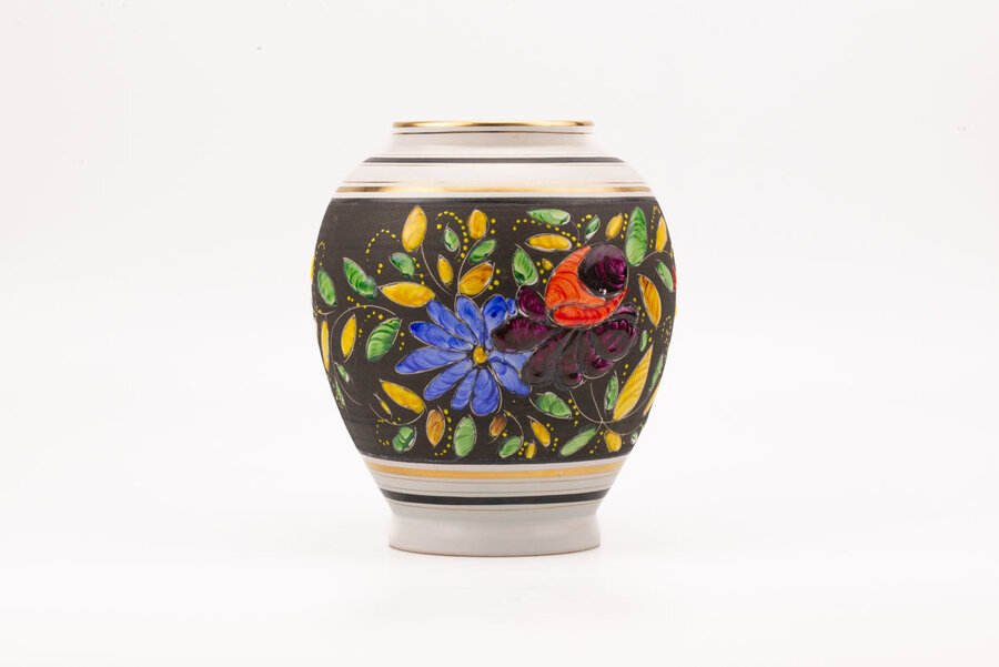 Vase vintage de collection avec un motif fleuri noir et blanc par H. Becquet 