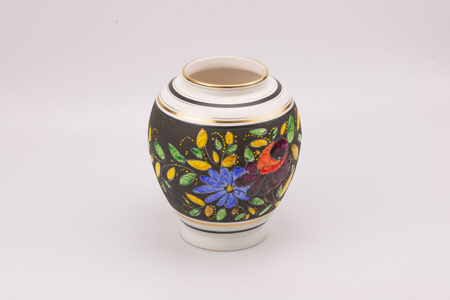 Vase vintage de collection avec un motif fleuri noir et blanc par H. Becquet 