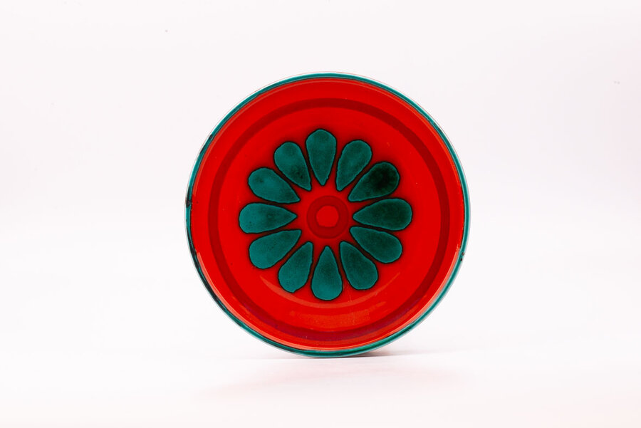 Plat vintage en faïence orange et vert vif Années 70