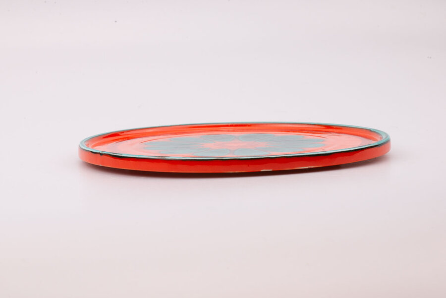 Plat vintage en faïence orange et vert vif Années 70