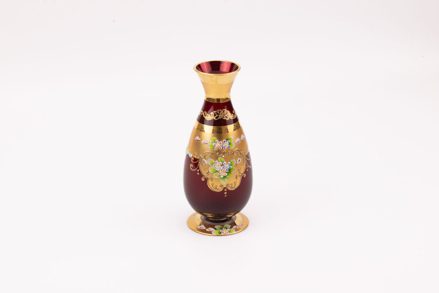 Vase Murano en verre rouge et doré avec motif fleuri