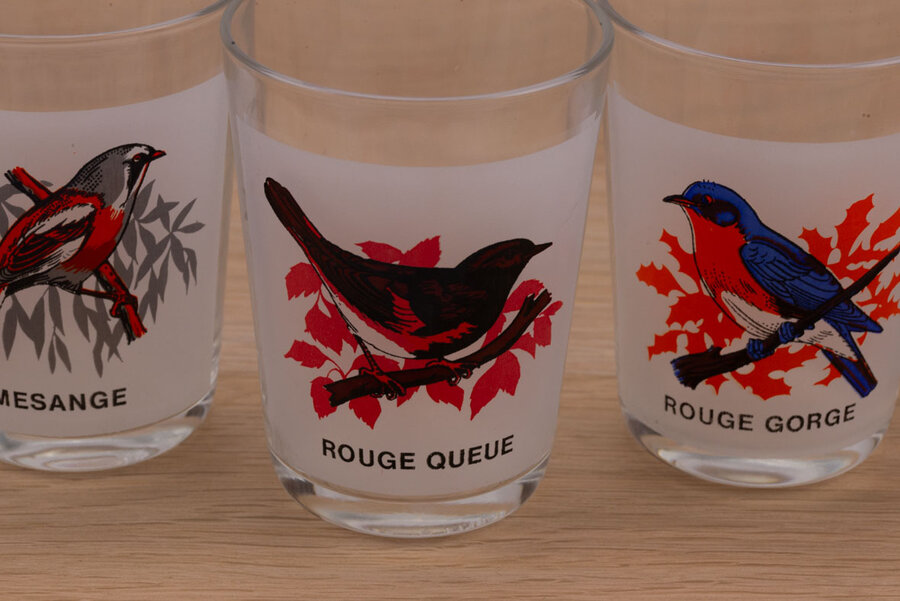5 verres à eau avec un oiseau