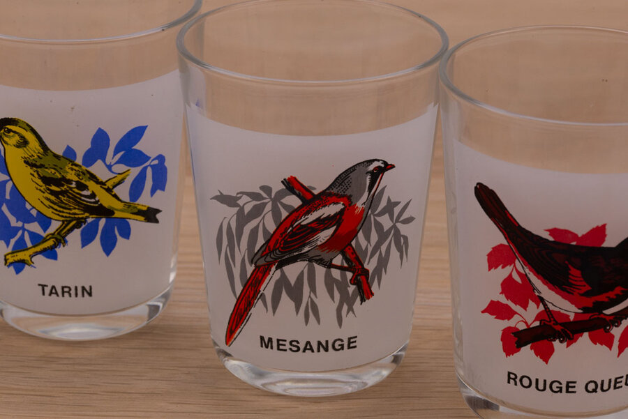 5 verres à eau avec un oiseau