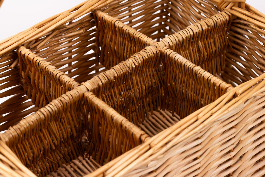 Panier à bouteilles artisanal en osier à 6 compartiments et une grande hanse