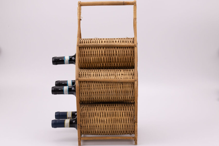 Porte-bouteilles artisanal en bambou et osier fabriqué à la main avec 5 compartiments 