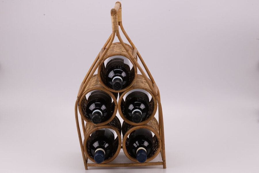 Porte-bouteilles vintage en bambou et osier fabriqué à la main avec 5 compartiments 
