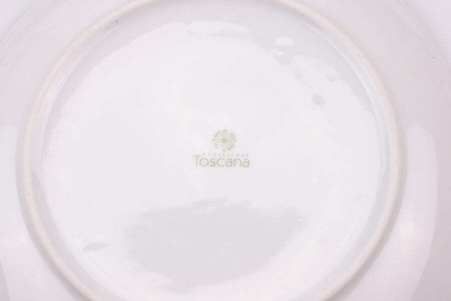 Signature sur assiette à dessert vintage en porcelaine de la manufacture Porcellane Toscana
