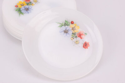 Set d'assiettes à dessert vintage en opaline de chez Arcopal dans la collection Anémone