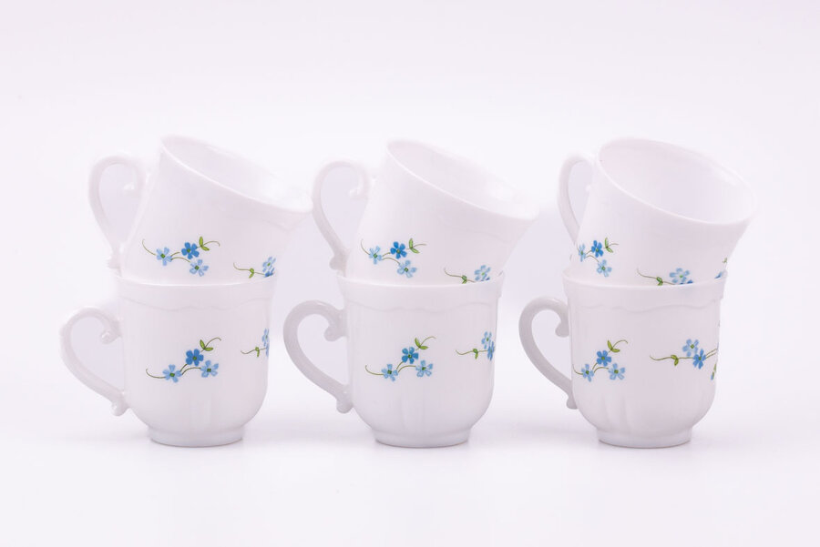6 Tasses à café vintage en verre blanc d'Arcopal  "Myosotis"