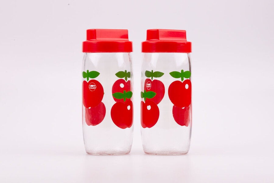  Bocal en verre transparent, grand modèle, avec couvercle en plastique rouge à visser.