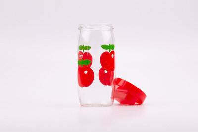  Bocal en verre transparent, grand modèle, avec couvercle en plastique rouge à visser.