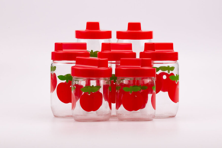  Bocal en verre transparent, grand modèle, avec couvercle en plastique rouge à visser.
