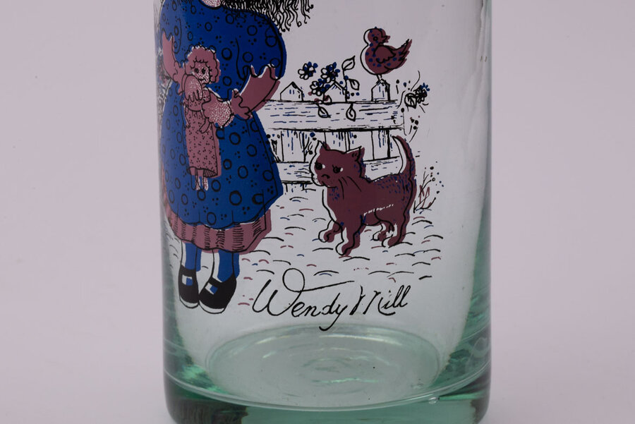 Grand pot en verre avec une jolie illustration de petite fille par Wendy Mill, années 70, dans l'esprit de l'illustratrice de Sarah Kay