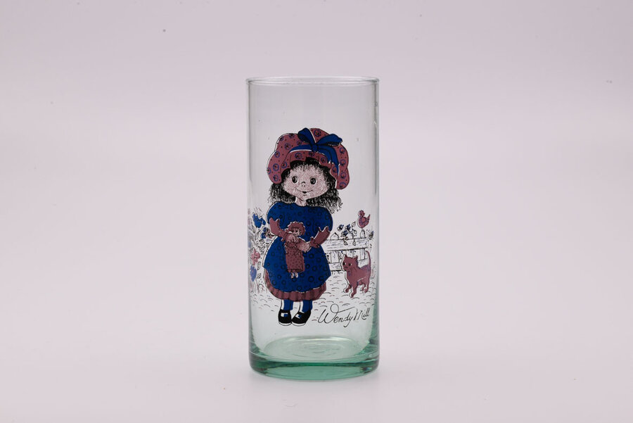 Grand pot en verre avec une jolie illustration de petite fille par Wendy Mill, années 70, dans l'esprit de l'illustratrice de Sarah Kay