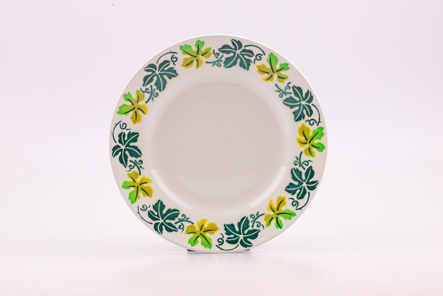 Assiette plate de la célèbre faïencerie Digoin Sarreguemines décorée par des feuilles d'arbres dans les tons vert 