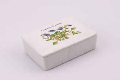 Jolie boite avec couvercle en porcelaine avec un motif de campanule, une belle fleur violette. 
