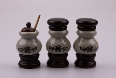 Poivrière et salière en porcelaine de couleur beige et brune avec un joli petit motif sur le milieu de l'objet. Le kit est vendu avec son emballage d'origine 