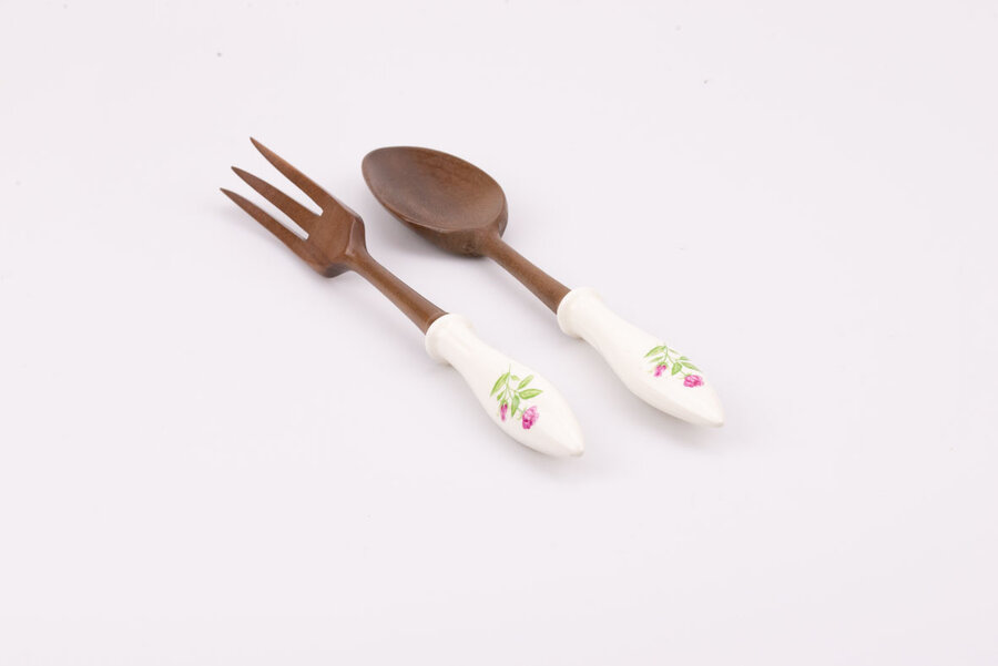 Cuillère et fourchette en bois/porcelaine