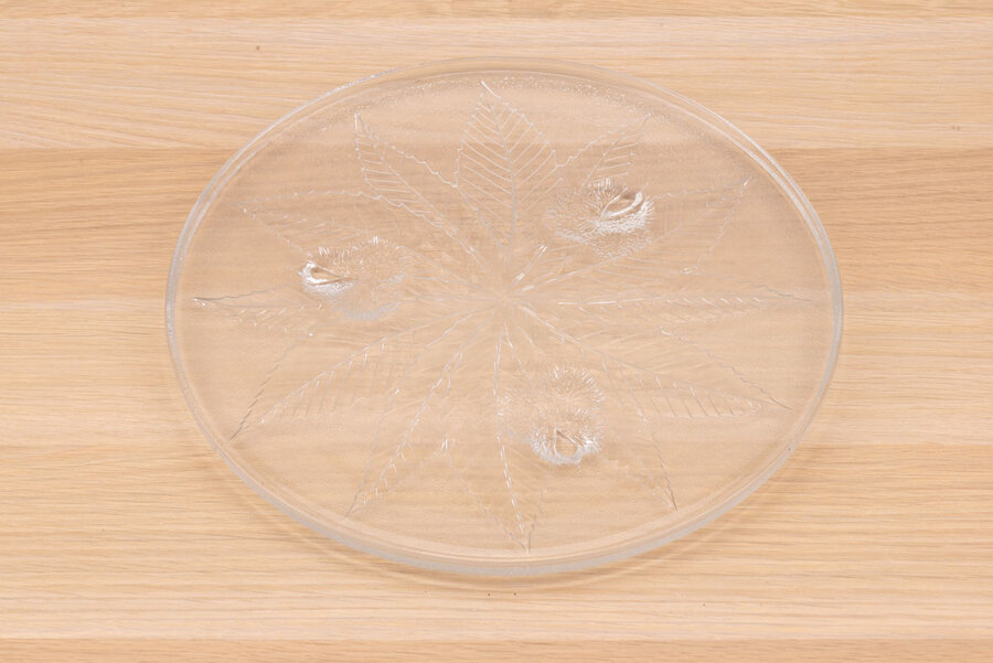 Plateau en verre avec des motifs de feuilles sculpté sur toute la surface de l'objet